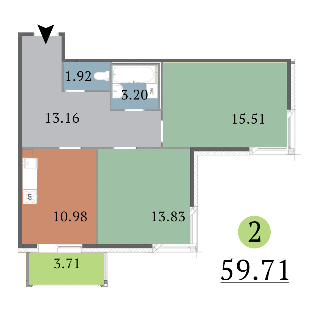 2-комнатная, 60 м² — ЖК ЖК Red Village (Рэд Вилладж)