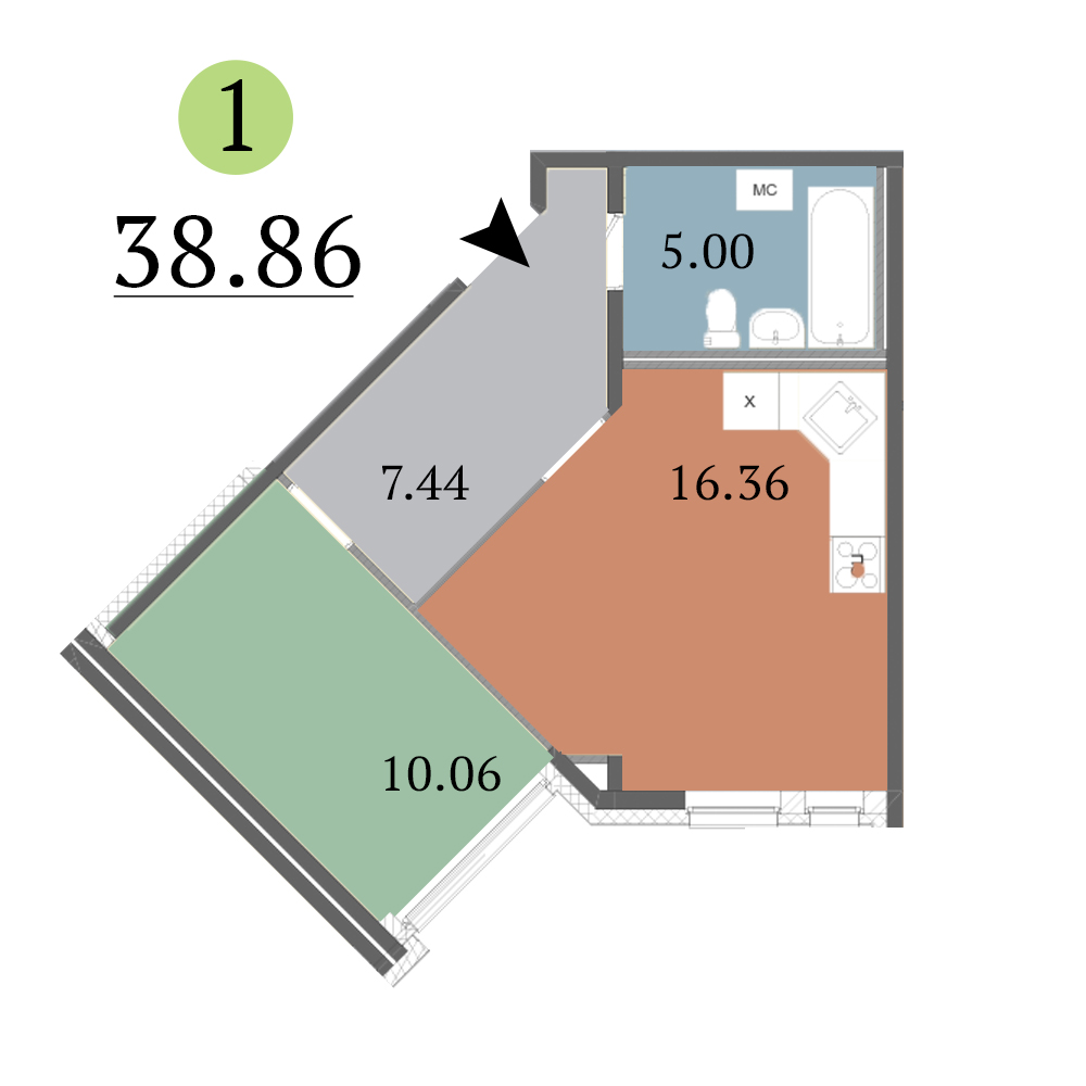 1-комнатная, 39 м² — ЖК ЖК Red Village (Рэд Вилладж)