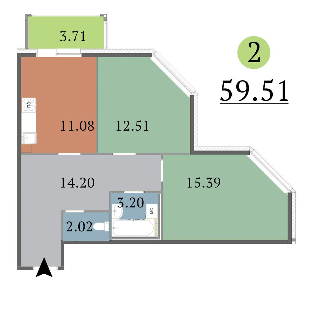 2-комнатная, 60 м² — ЖК ЖК Red Village (Рэд Вилладж)