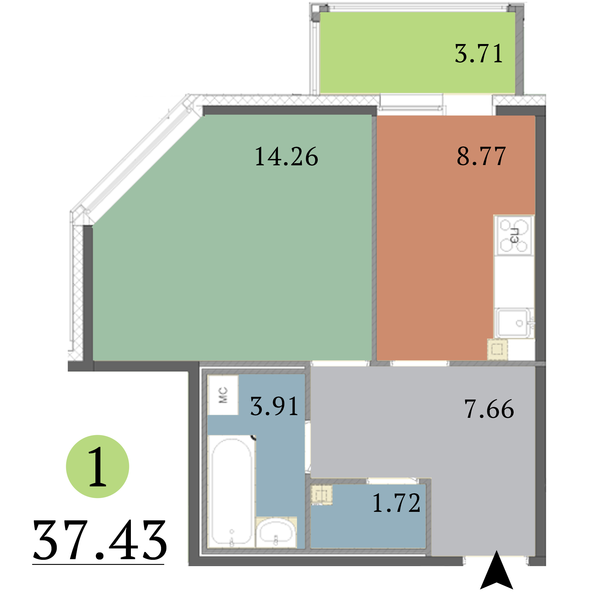 1-комнатная, 37 м² — ЖК ЖК Red Village (Рэд Вилладж)