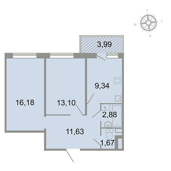 2-комнатная, 57 м² — ЖК ЖК Клёны