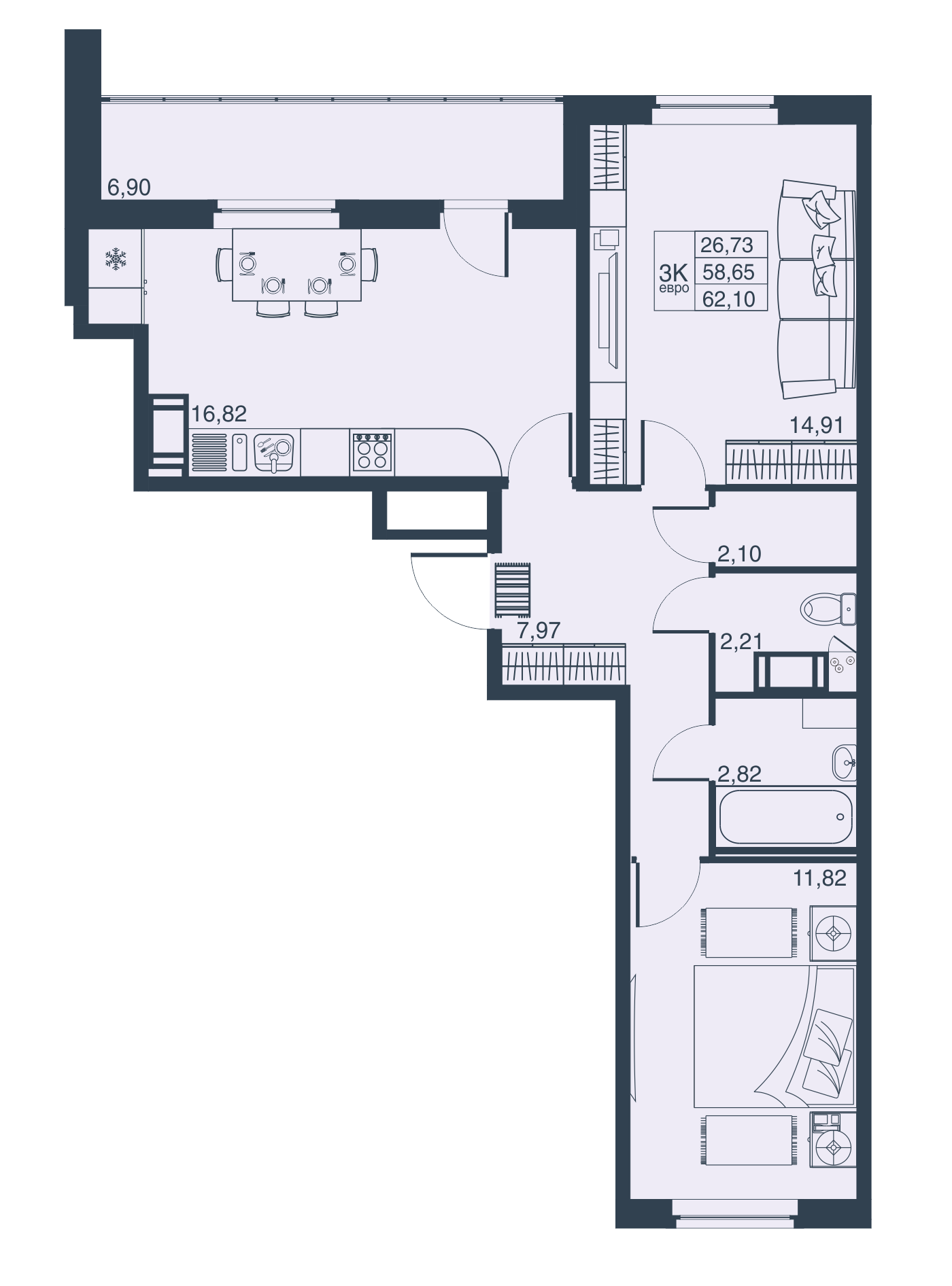 3-комнатная, 59 м² — ЖК ЖК Мурино Парк