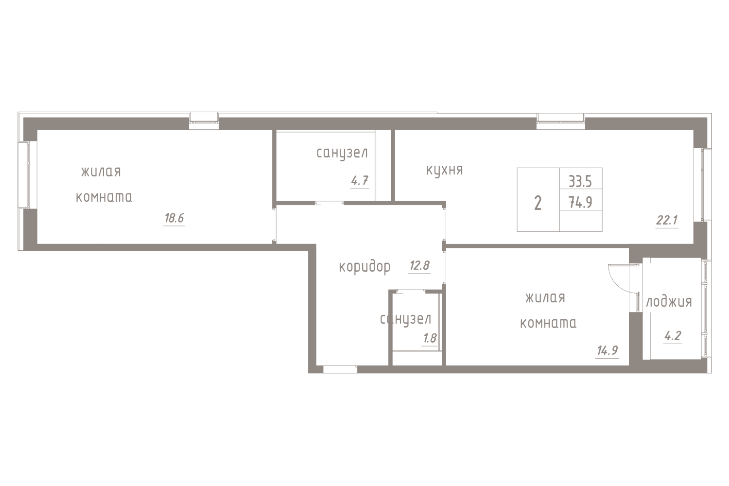 2-комнатная, 77 м² — ЖК ЖК Лайф Лесная