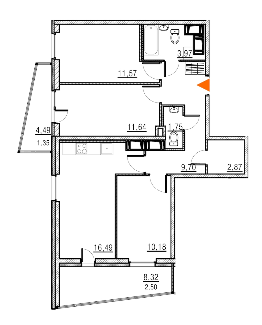 3-комнатная, 68 м² — ЖК ЖК Муринские высоты