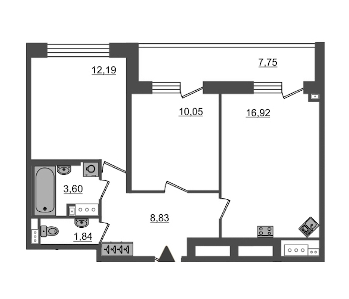 2-комнатная, 53 м² — ЖК ЖК Пульс на набережной (ЖК Pulse на набережной)