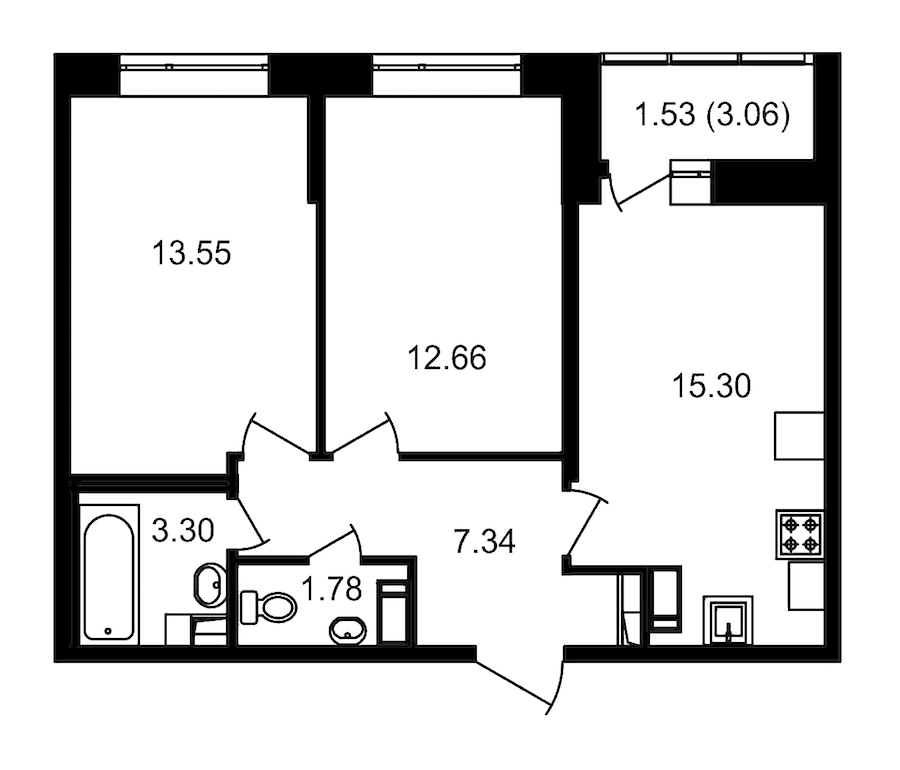 2-комнатная, 57 м² — ЖК ЖК Елизаровский