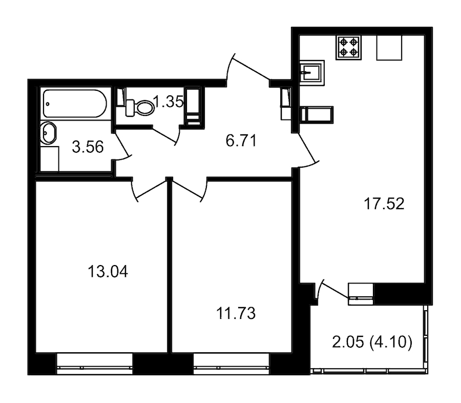 2-комнатная, 58 м² — ЖК ЖК Елизаровский