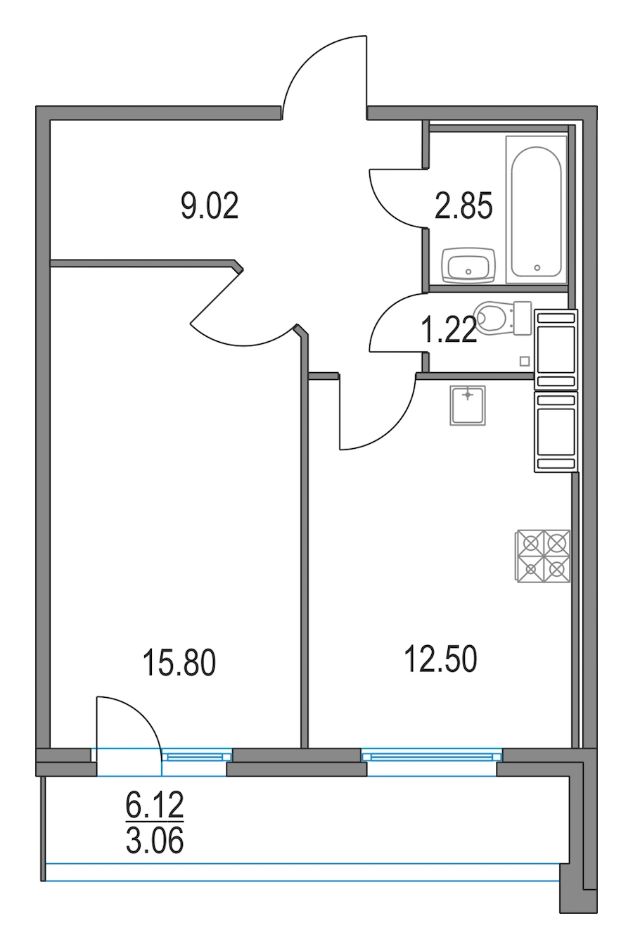 1-комнатная, 41 м² — ЖК ЖК Приморский квартал