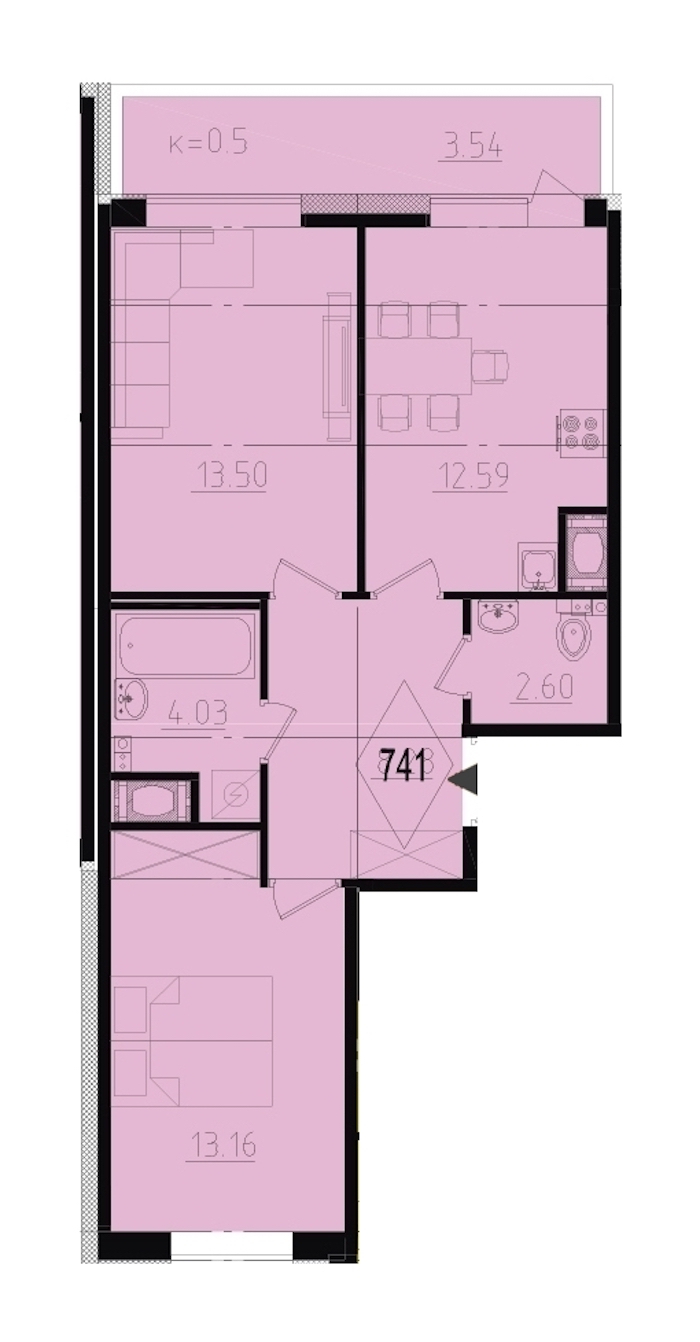 2-комнатная, 58 м² — ЖК ЖК Ювента