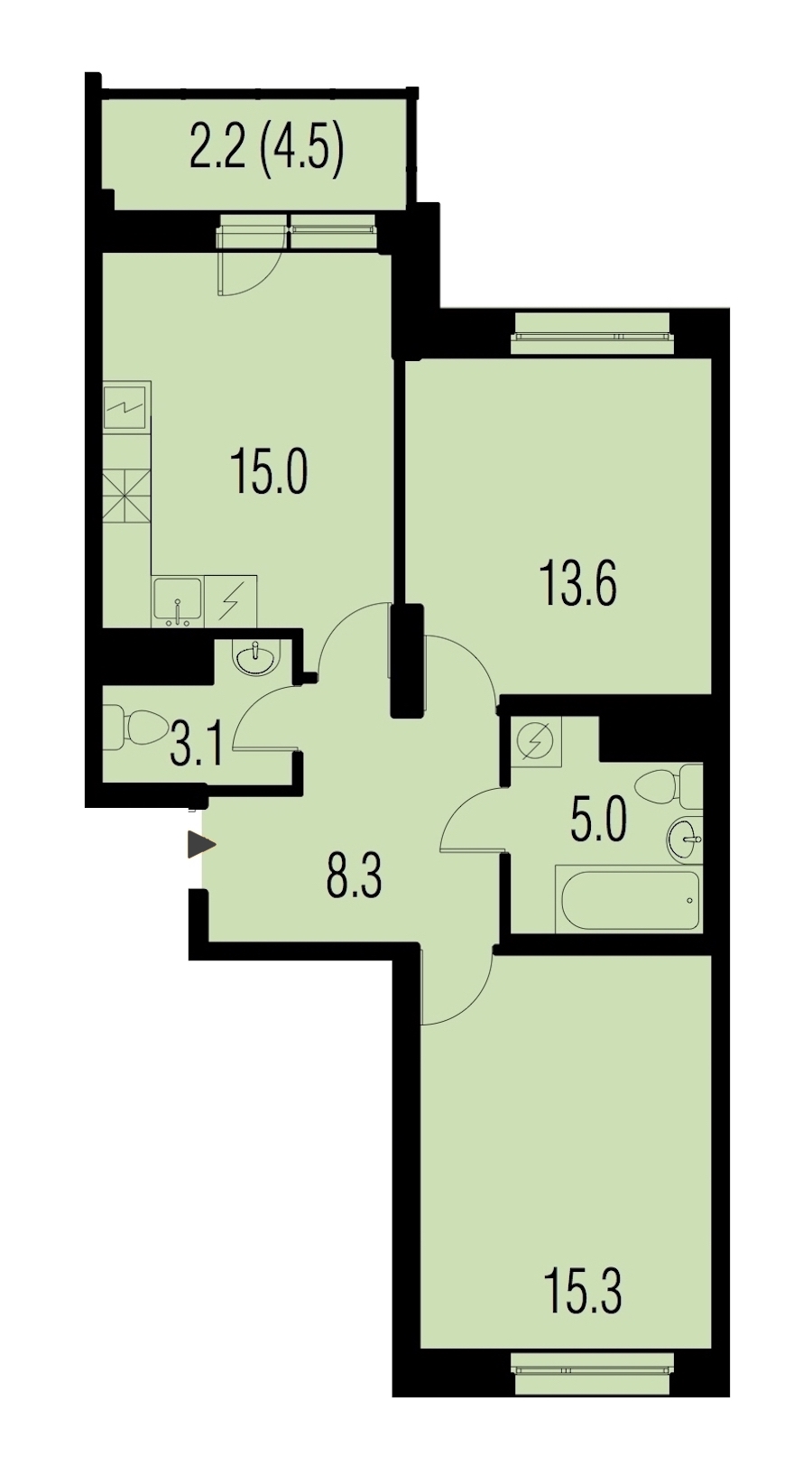 2-комнатная, 61 м² — ЖК ЖК Жемчужный Каскад