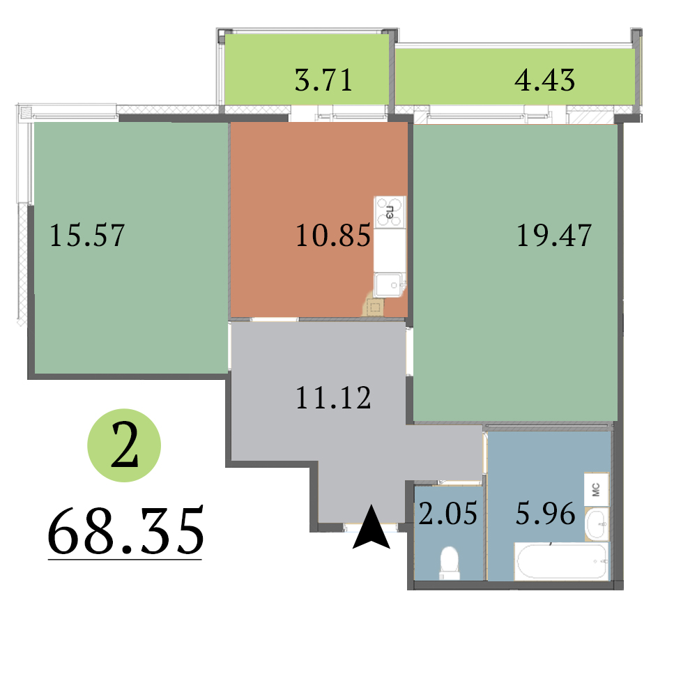 2-комнатная, 68 м² — ЖК ЖК Red Village (Рэд Вилладж)