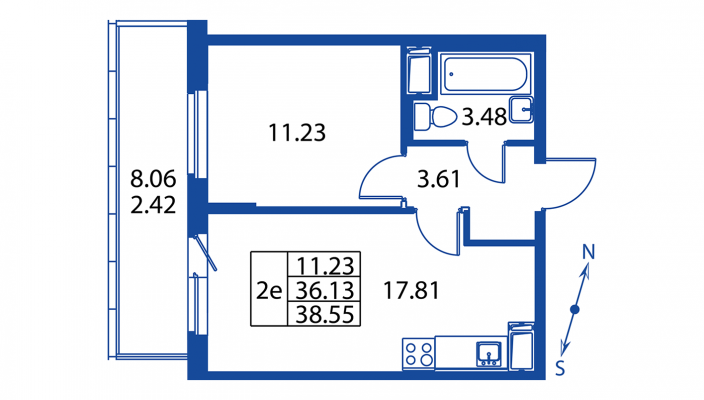 2-комнатная, 38 м² — ЖК ЖК Полис на Неве