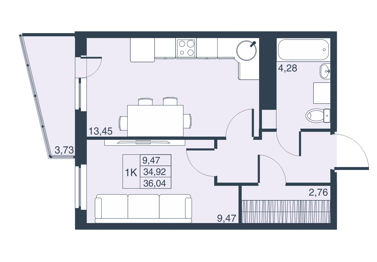 1-комнатная, 34 м² — ЖК ЖК Муринские высоты
