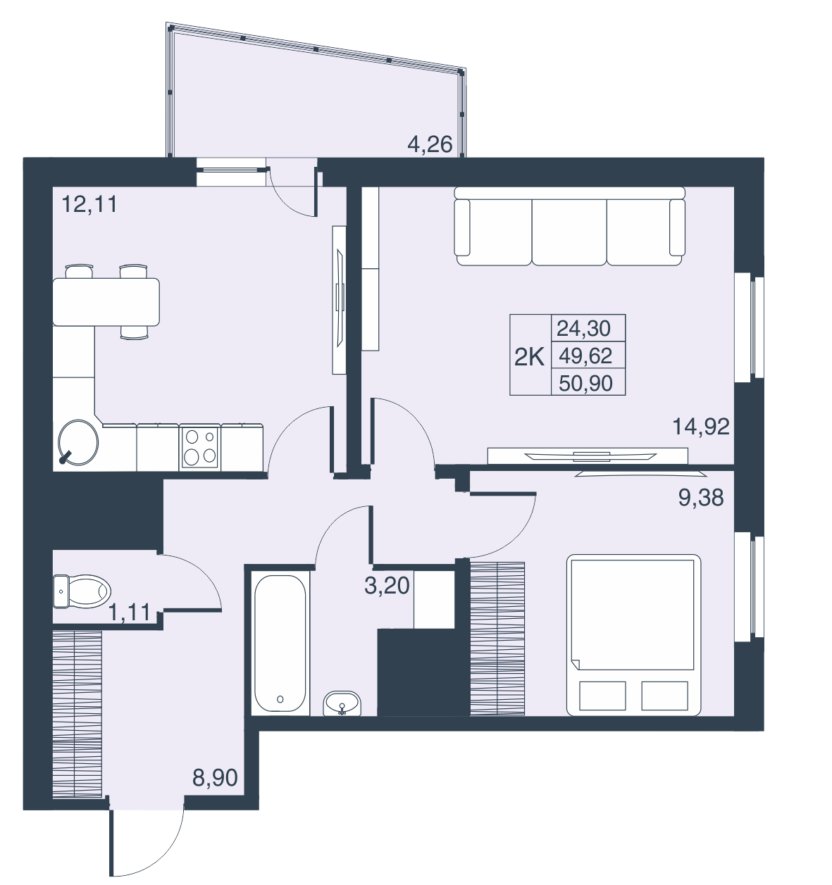 2-комнатная, 49 м² — ЖК ЖК Муринские высоты
