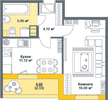 1-комнатная, 39 м² — ЖК ЖК Тихая гавань (Светлый мир)