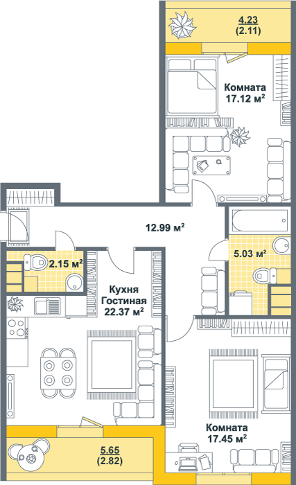 2-комнатная, 82 м² — ЖК ЖК Тихая гавань (Светлый мир)