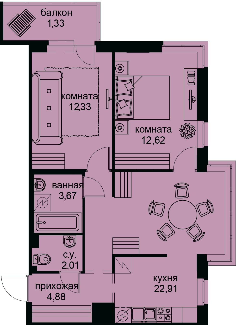 2-комнатная, 60 м² — ЖК ЖК Айди Кудрово (ID Kudrovo)