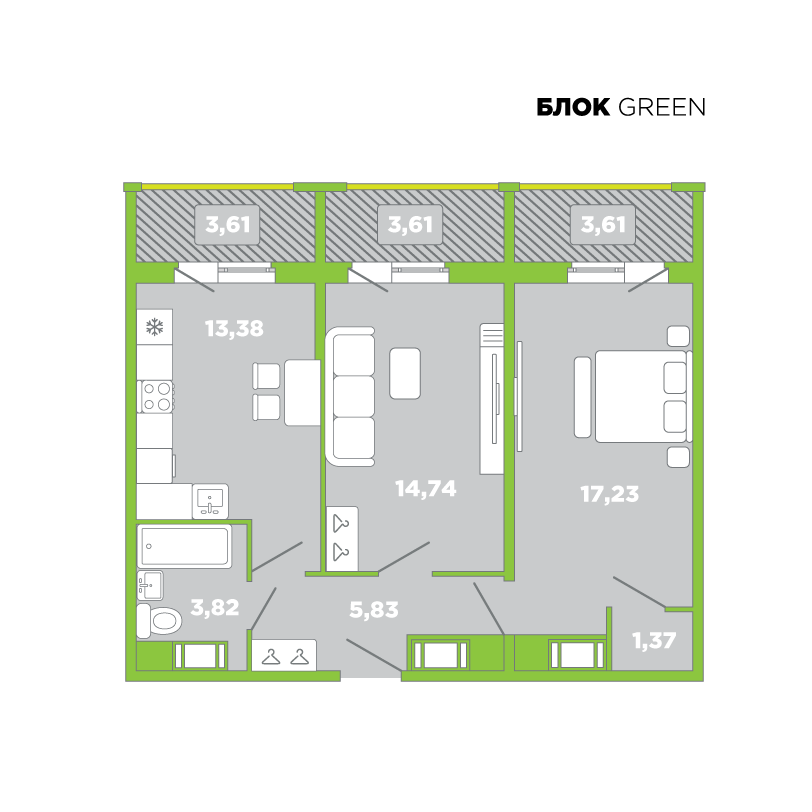 2-комнатная, 67 м² — ЖК Апарт-комплекс Like (Лайк)