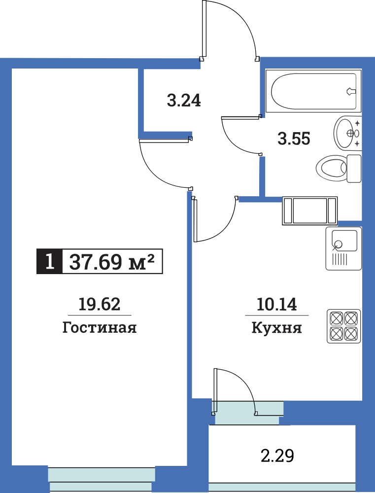 1-комнатная, 38 м² — ЖК ЖК Цвета радуги