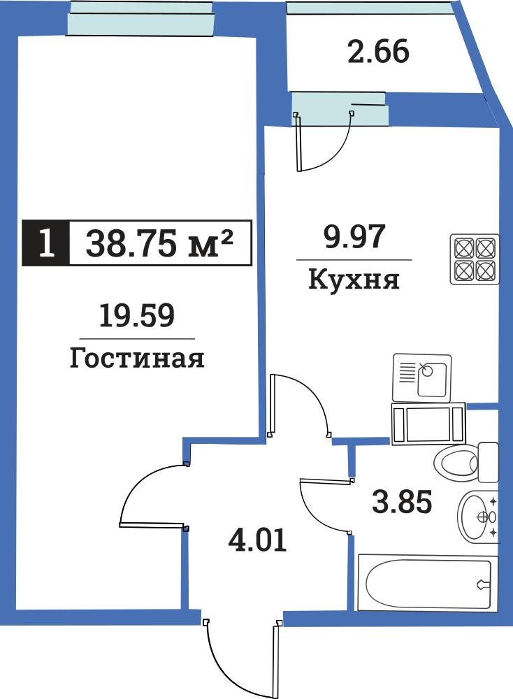 1-комнатная, 39 м² — ЖК ЖК Цвета радуги