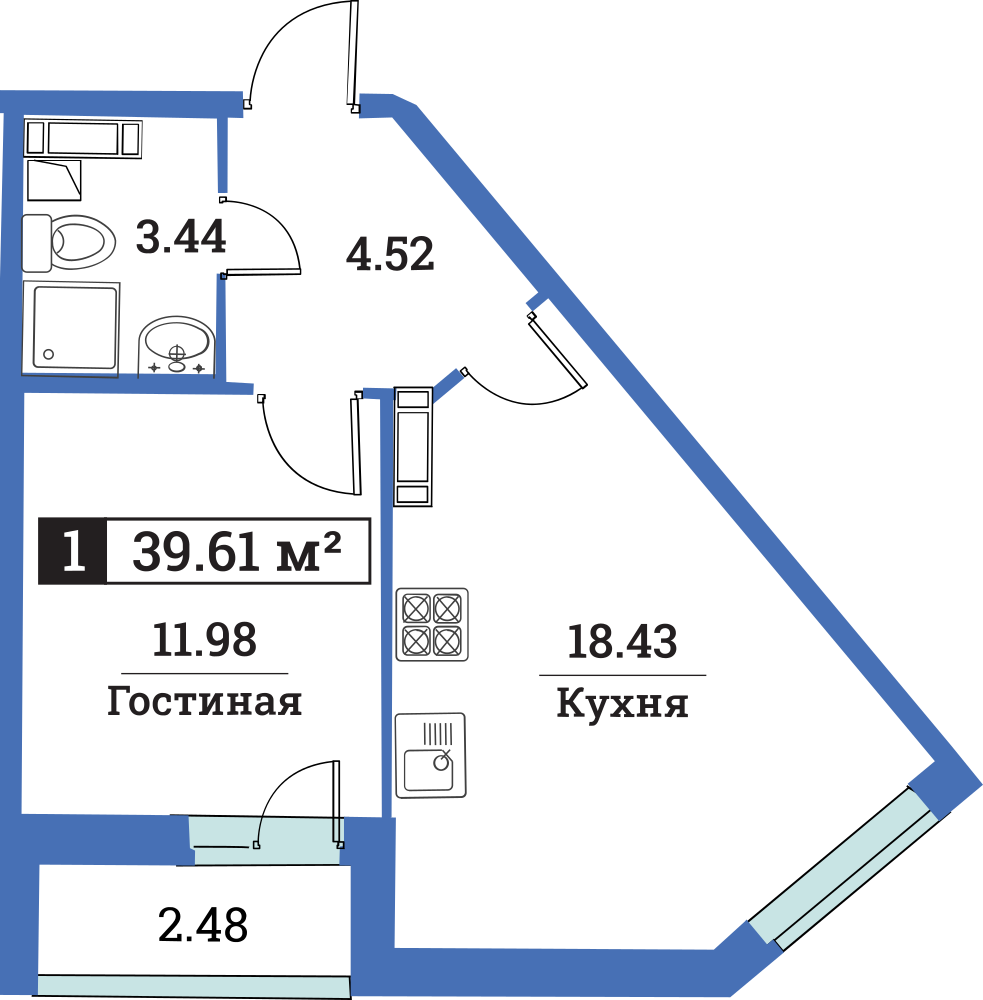 1-комнатная, 40 м² — ЖК ЖК Цвета радуги