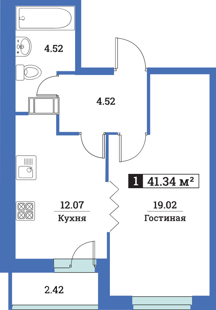 1-комнатная, 41 м² — ЖК ЖК Цвета радуги