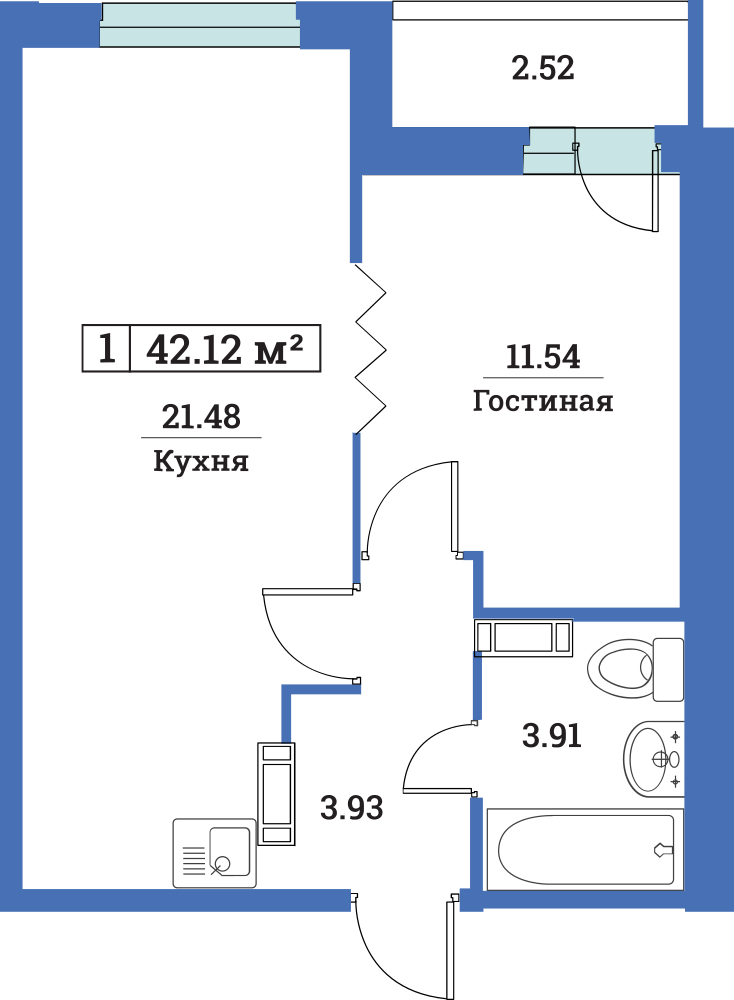 1-комнатная, 42 м² — ЖК ЖК Цвета радуги