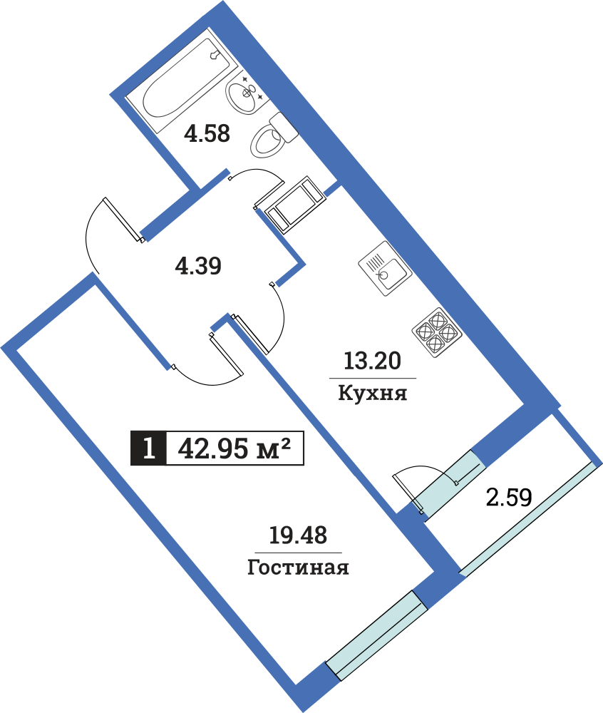1-комнатная, 43 м² — ЖК ЖК Цвета радуги