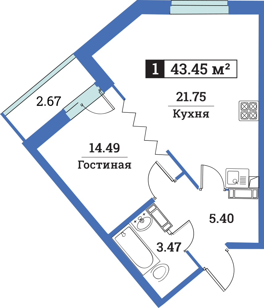 1-комнатная, 43 м² — ЖК ЖК Цвета радуги