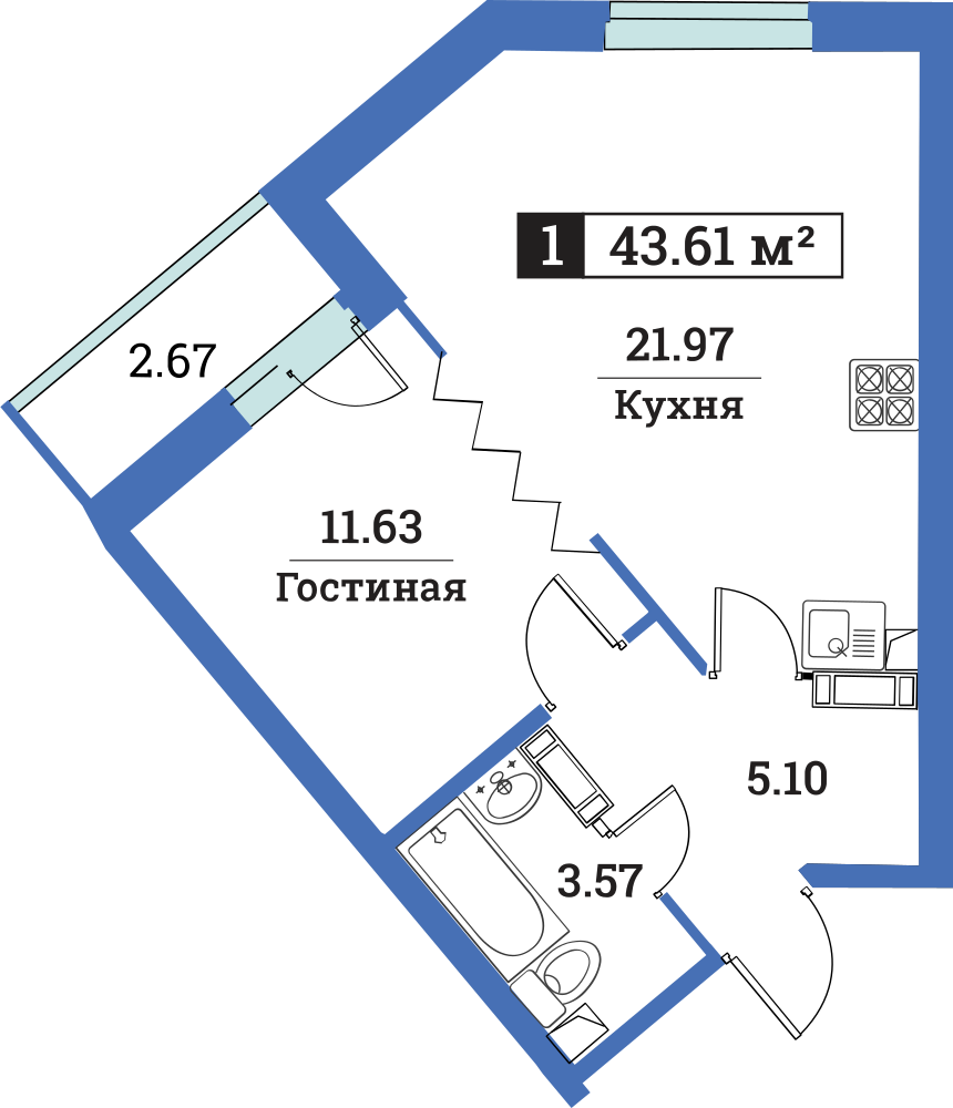 1-комнатная, 44 м² — ЖК ЖК Цвета радуги