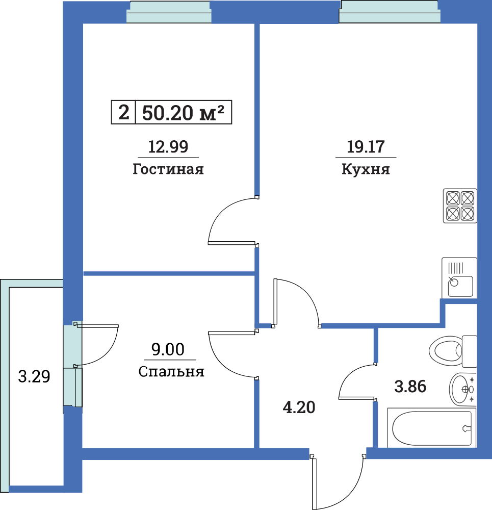 2-комнатная, 50 м² — ЖК ЖК Цвета радуги