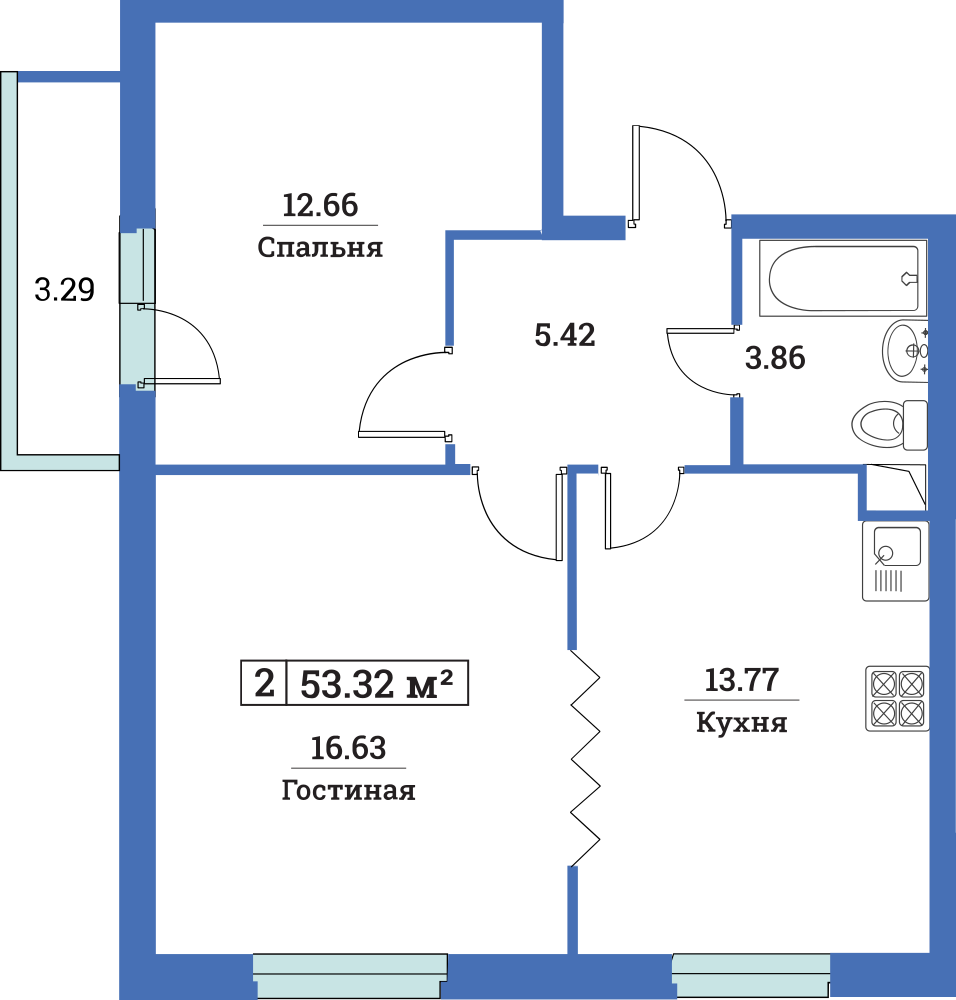 2-комнатная, 53 м² — ЖК ЖК Цвета радуги