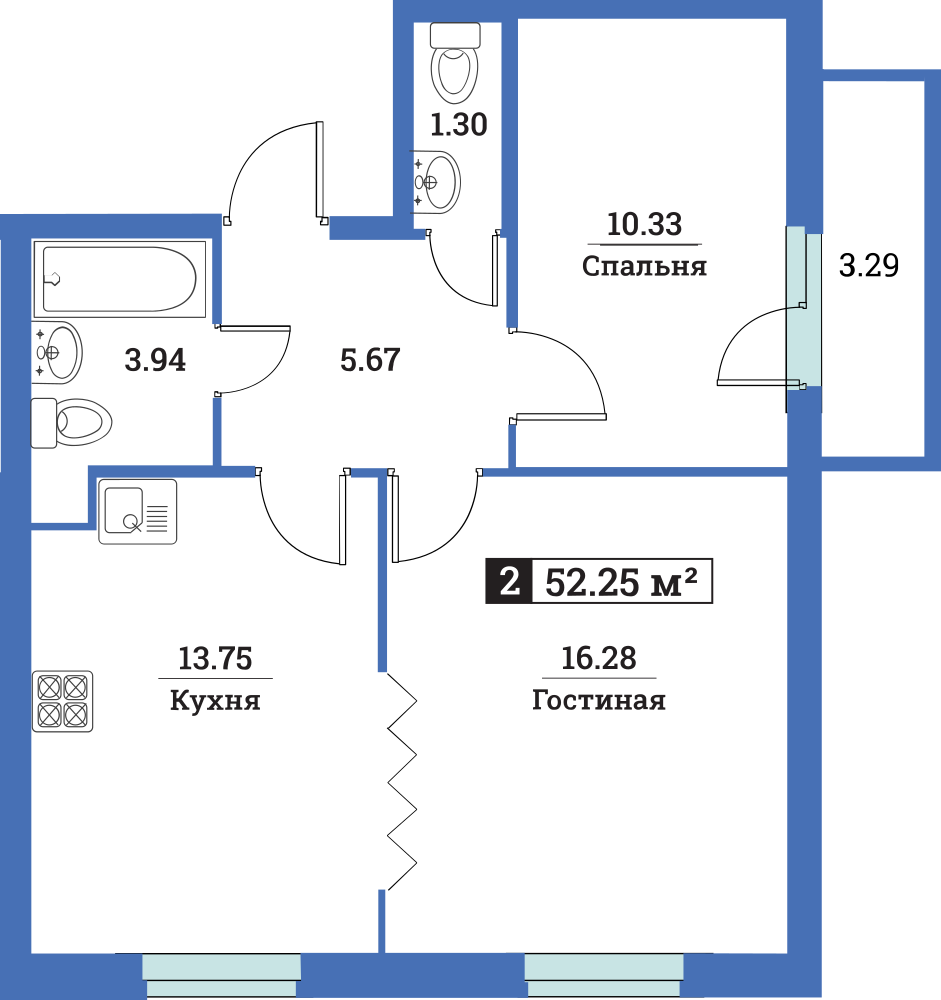 2-комнатная, 52 м² — ЖК ЖК Цвета радуги