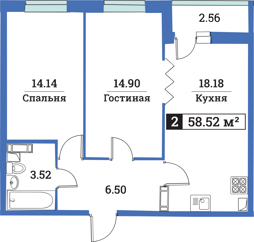 2-комнатная, 59 м² — ЖК ЖК Цвета радуги
