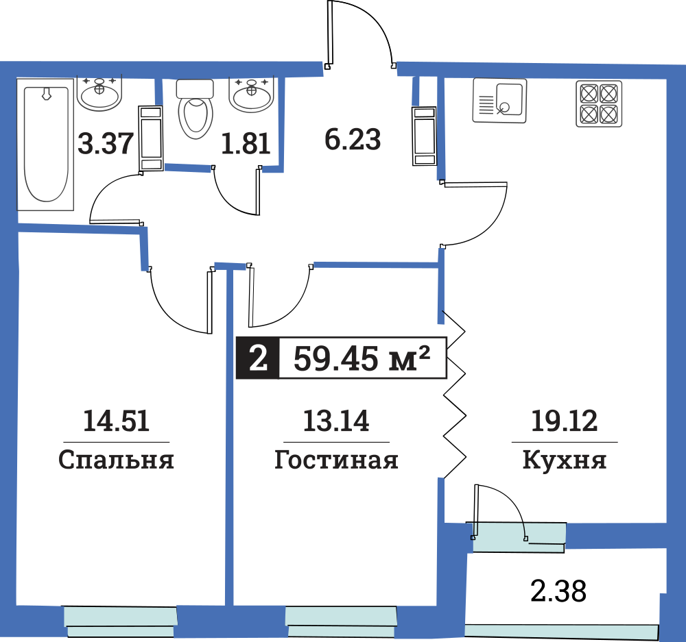 2-комнатная, 59 м² — ЖК ЖК Цвета радуги
