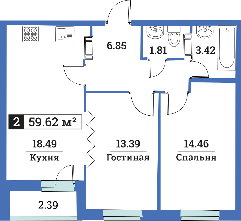 2-комнатная, 60 м² — ЖК ЖК Цвета радуги