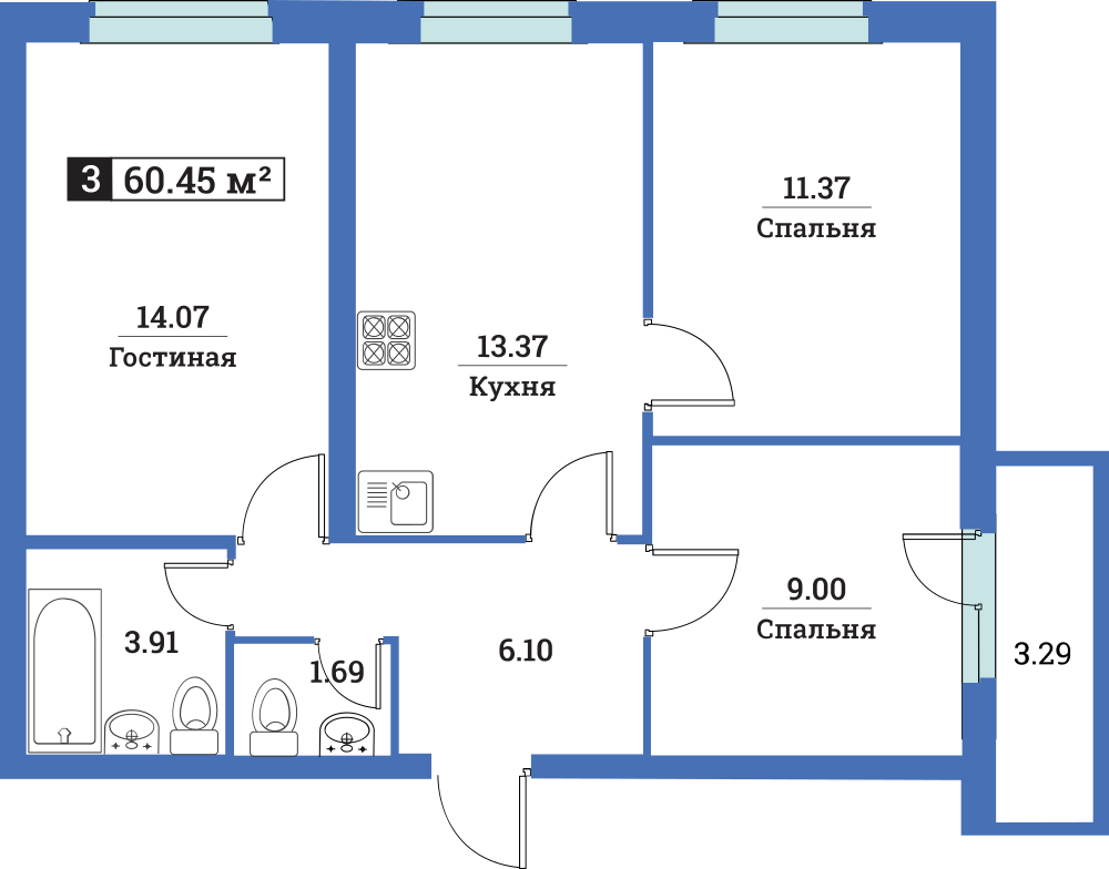 3-комнатная, 60 м² — ЖК ЖК Цвета радуги