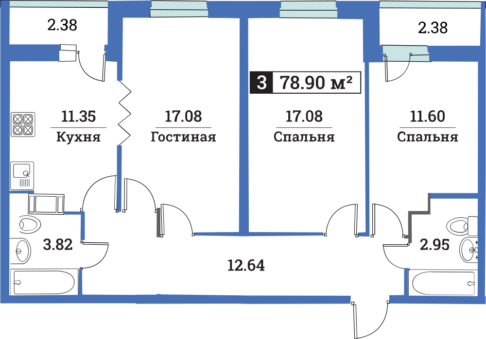 3-комнатная, 79 м² — ЖК ЖК Цвета радуги