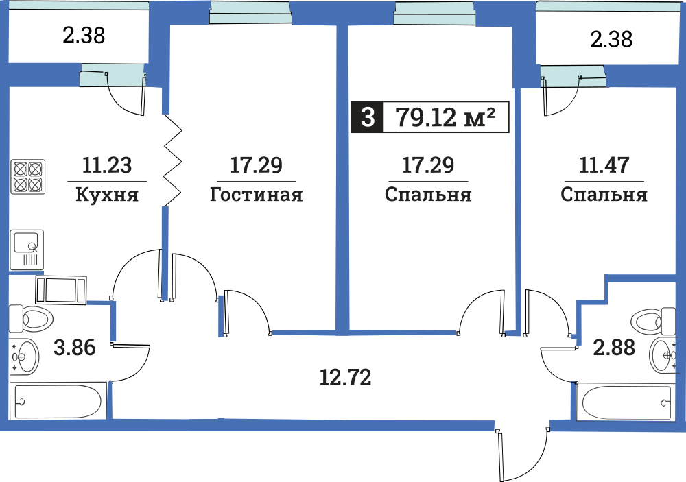 3-комнатная, 79 м² — ЖК ЖК Цвета радуги