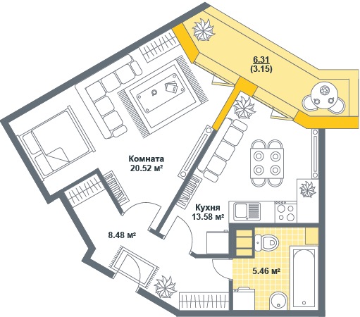 1-комнатная, 51 м² — ЖК ЖК Тихая гавань (Светлый мир)