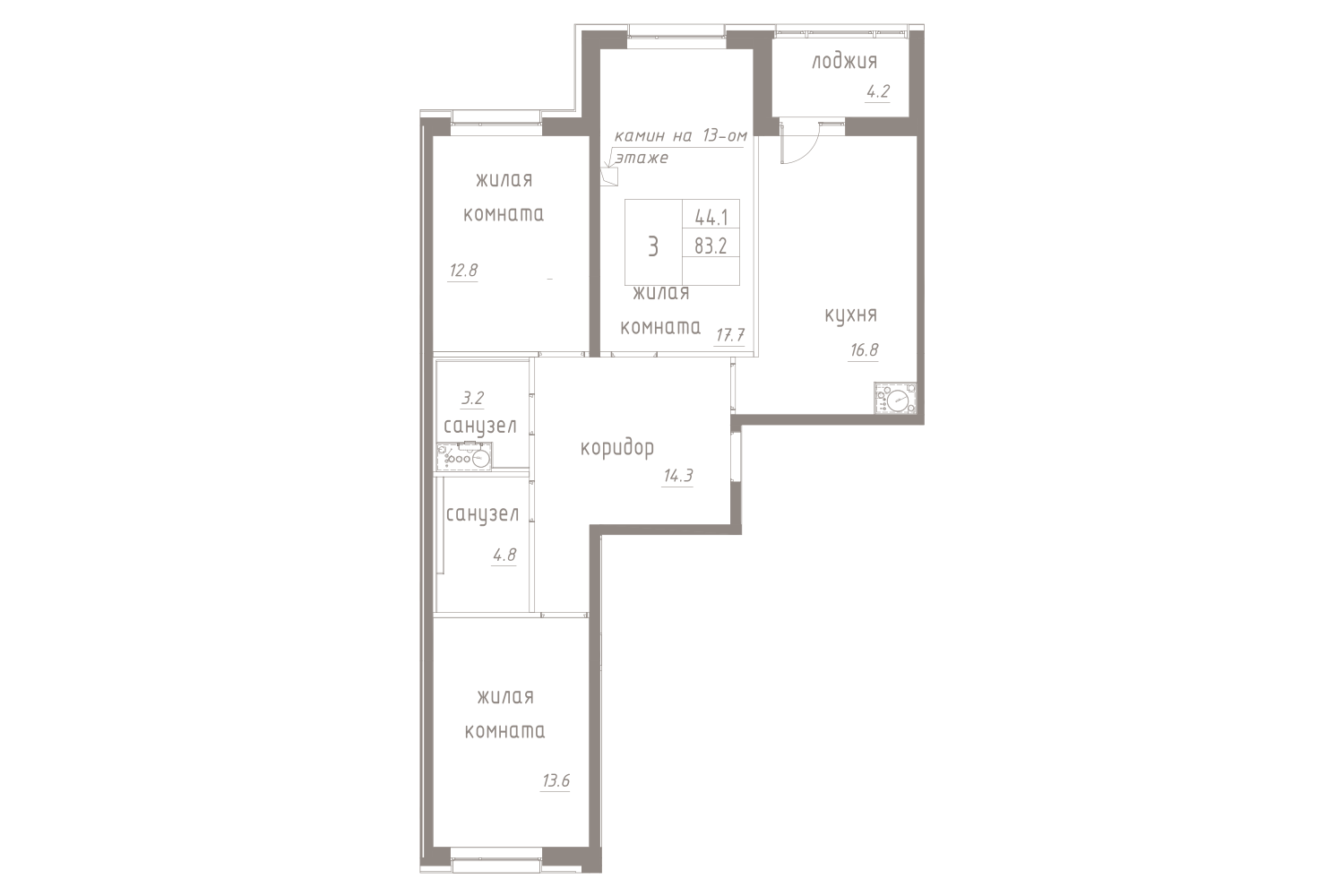 3-комнатная, 85 м² — ЖК ЖК Лайф Лесная