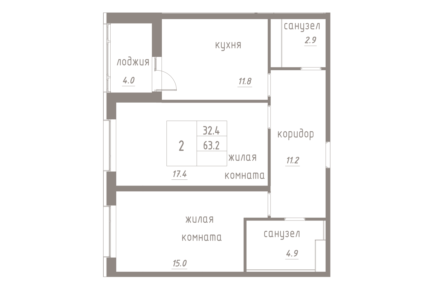 2-комнатная, 65 м² — ЖК ЖК Лайф Лесная
