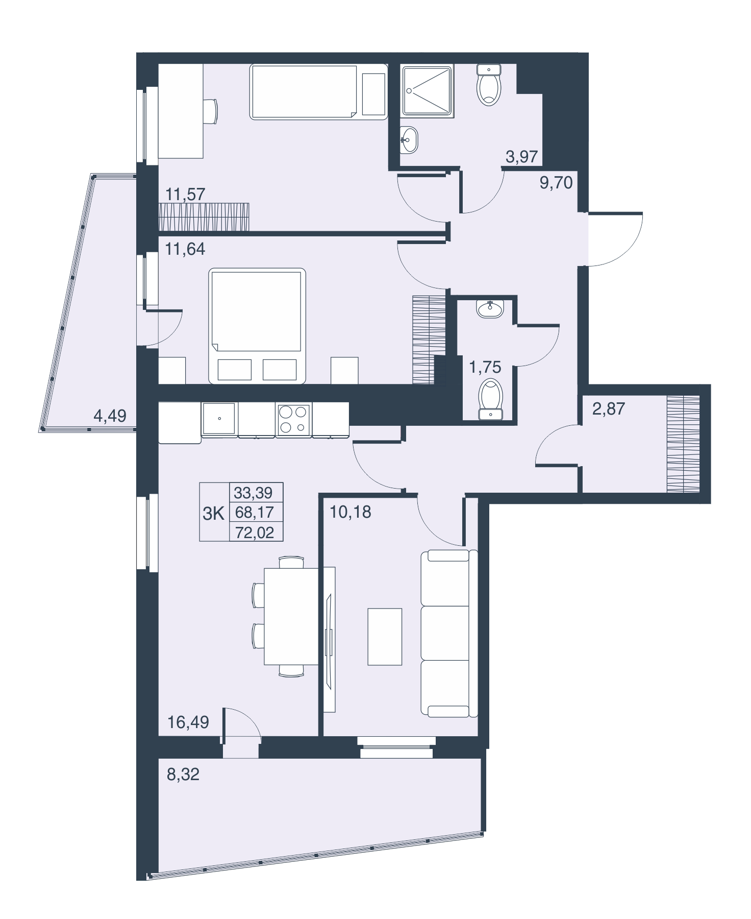 3-комнатная, 68 м² — ЖК ЖК Муринские высоты