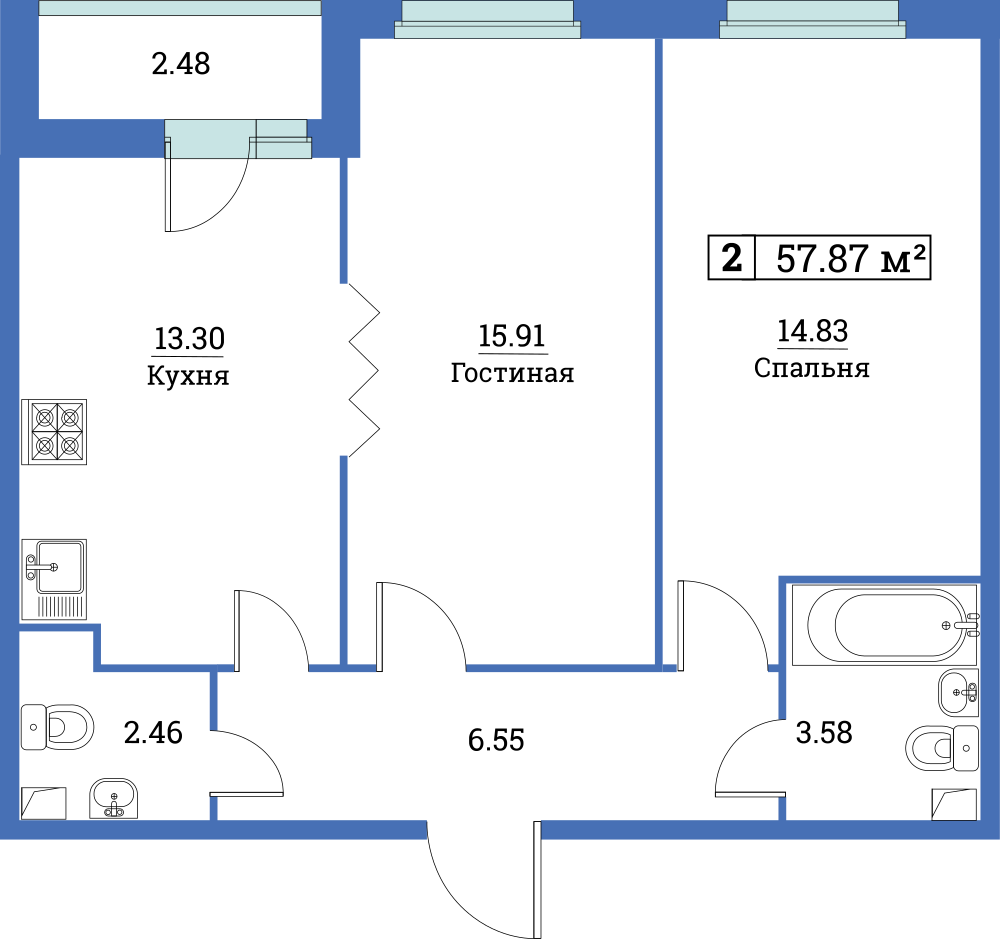 2-комнатная, 58 м² — ЖК ЖК Цвета радуги