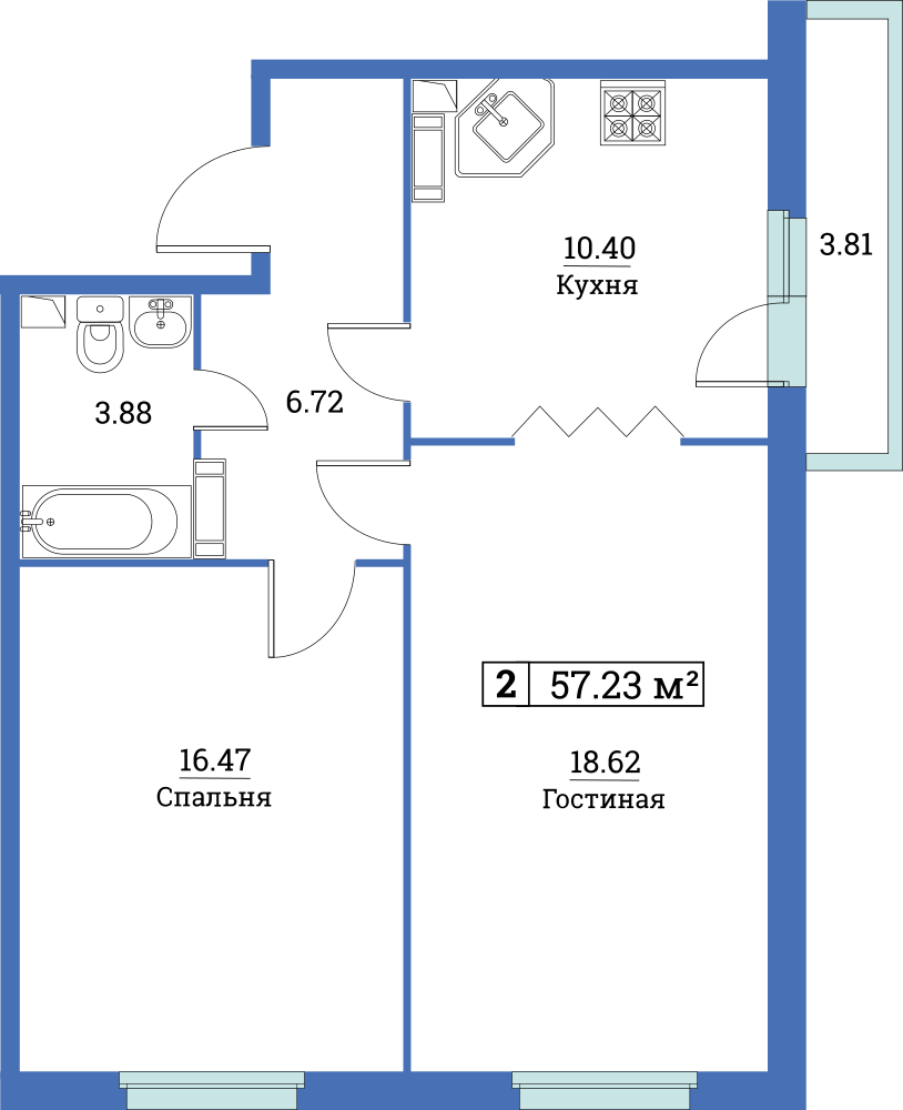 2-комнатная, 57 м² — ЖК ЖК Цвета радуги