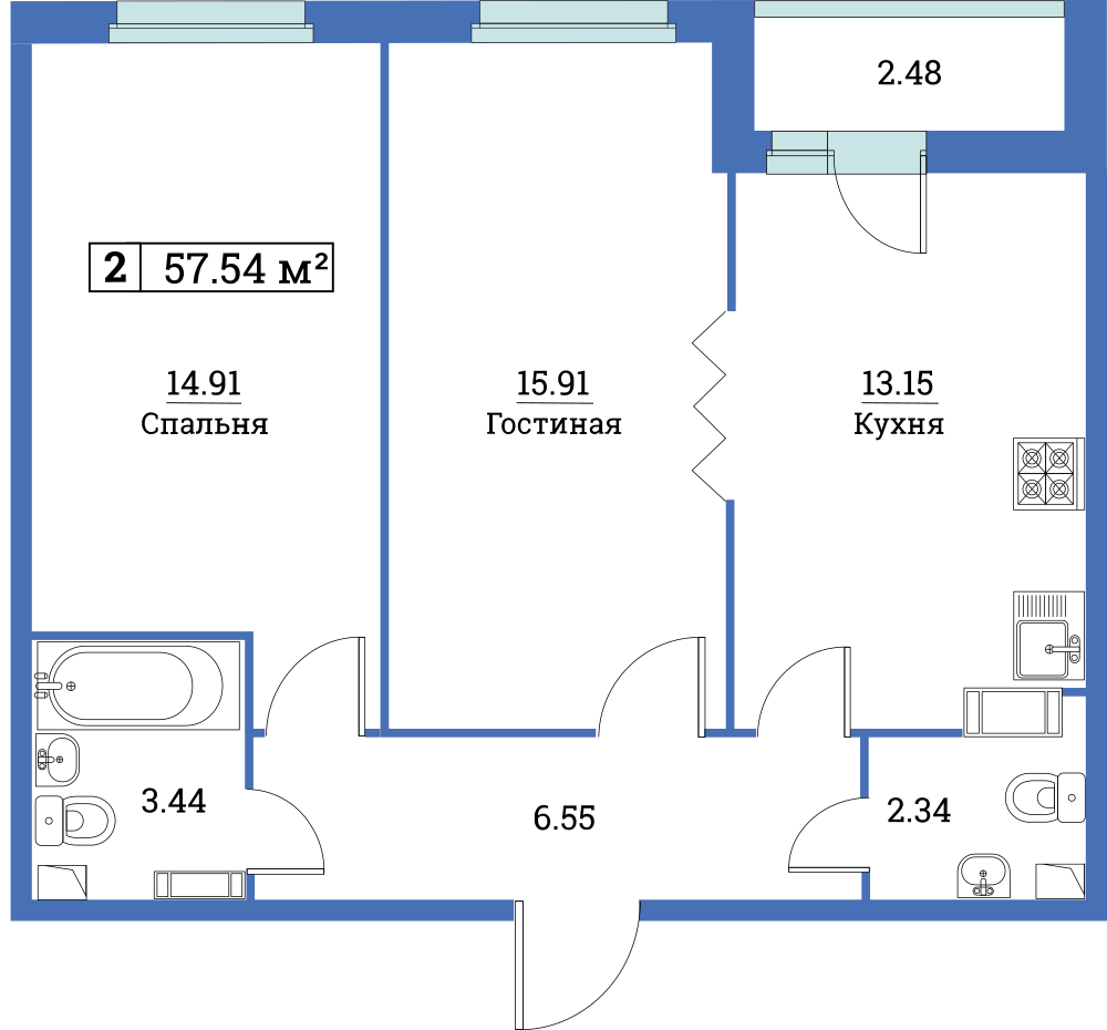 2-комнатная, 58 м² — ЖК ЖК Цвета радуги