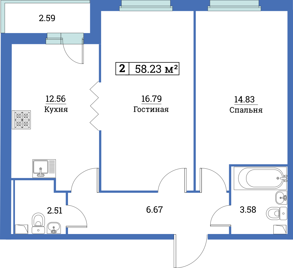 2-комнатная, 58 м² — ЖК ЖК Цвета радуги