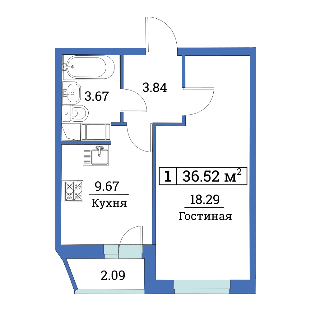 1-комнатная, 37 м² — ЖК ЖК Цвета радуги