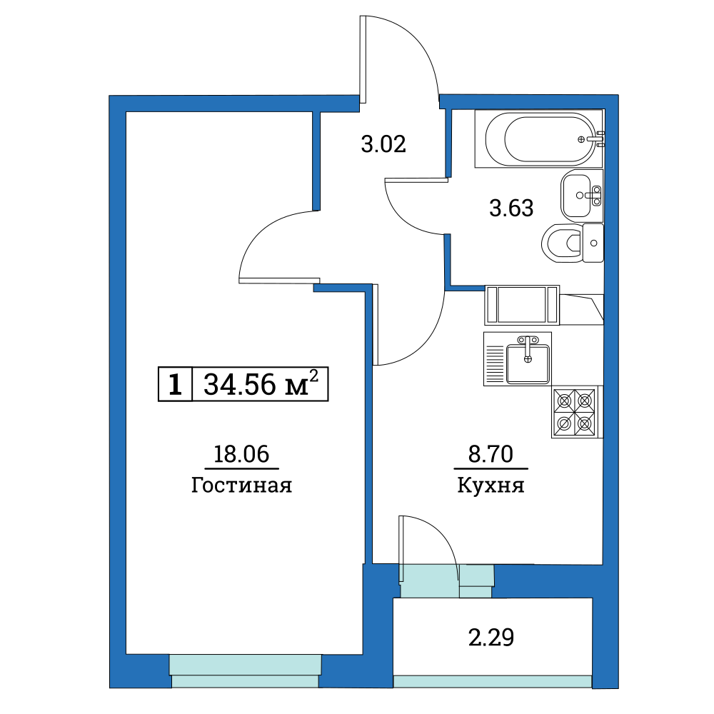 1-комнатная, 35 м² — ЖК ЖК Цвета радуги
