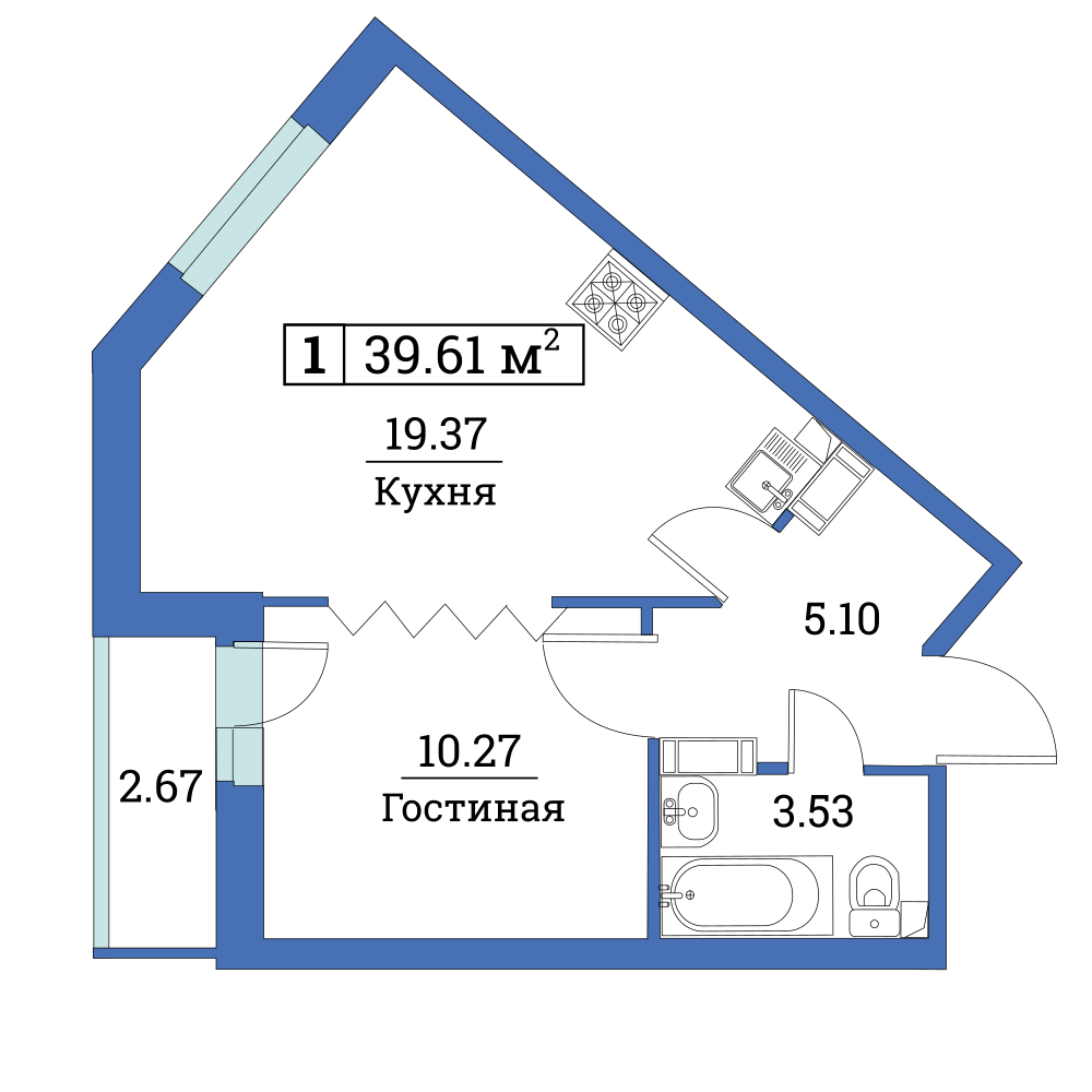 1-комнатная, 40 м² — ЖК ЖК Цвета радуги